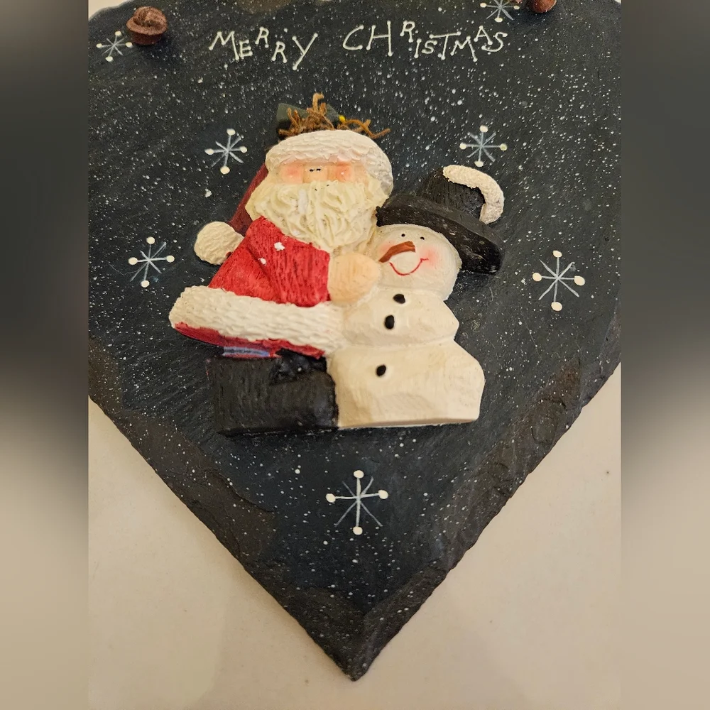 Henton Santa And Snowman Slate Stone Leather Hanging Strap Adorable Vintage